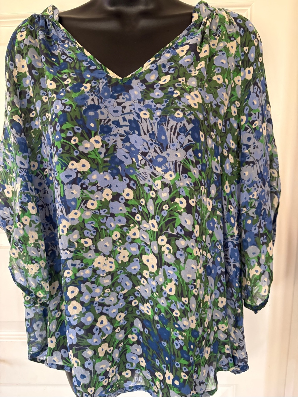 Blue & Green Floral V-Neck Silk Top from Anthropology.